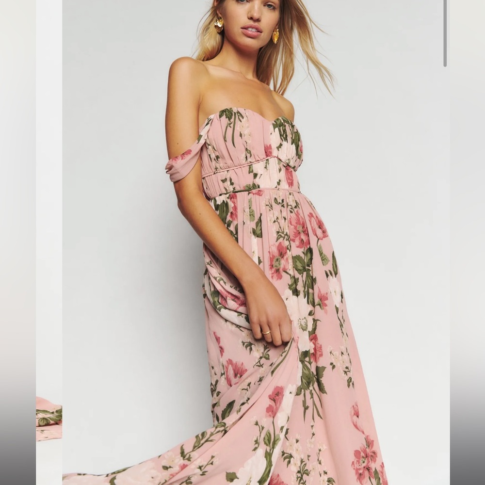 Reformation Pink Floral Off-Shoulder Maxi Dress